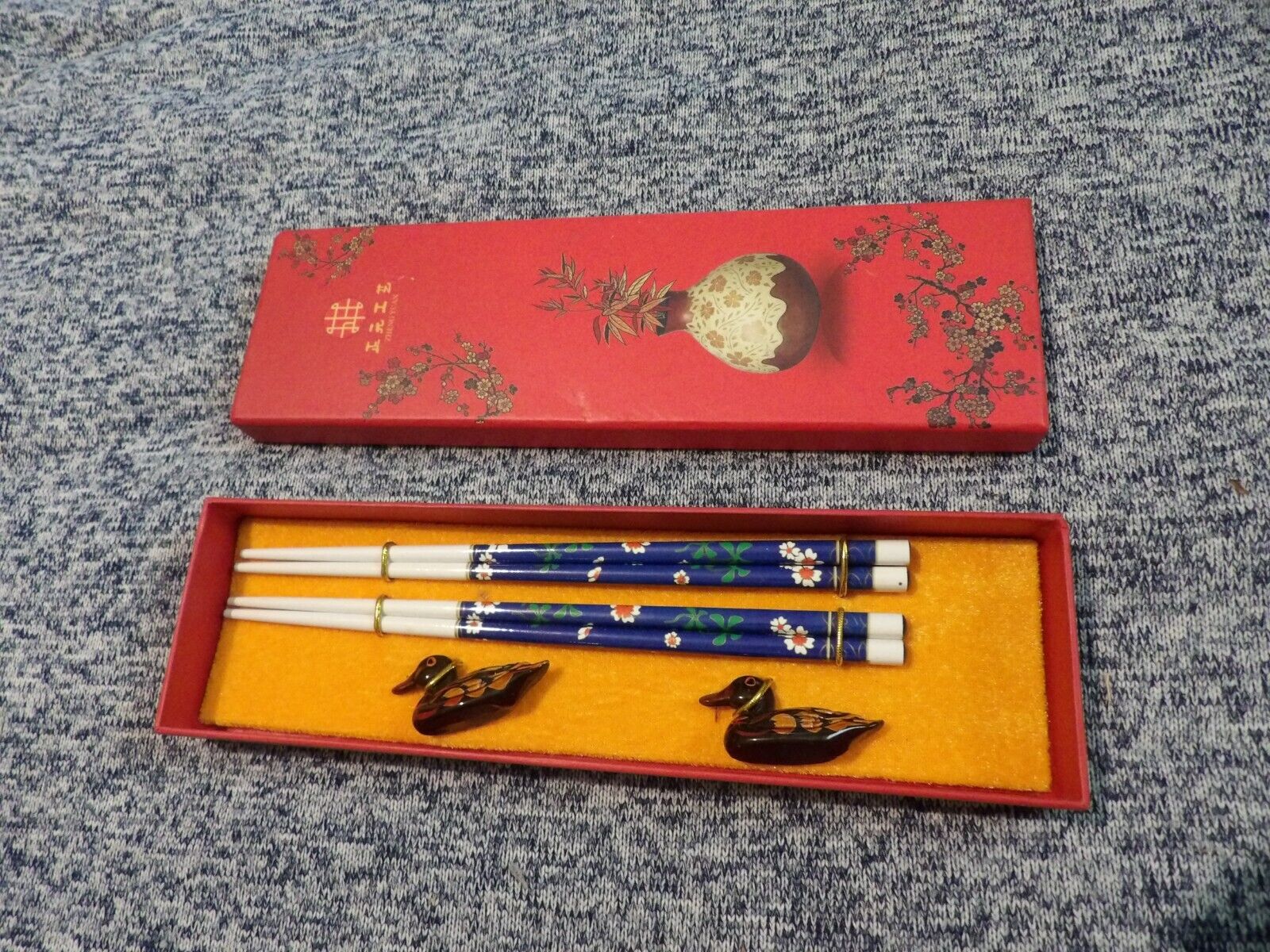 vintage Zhen Yuan chopsticks set with duck rests gift box