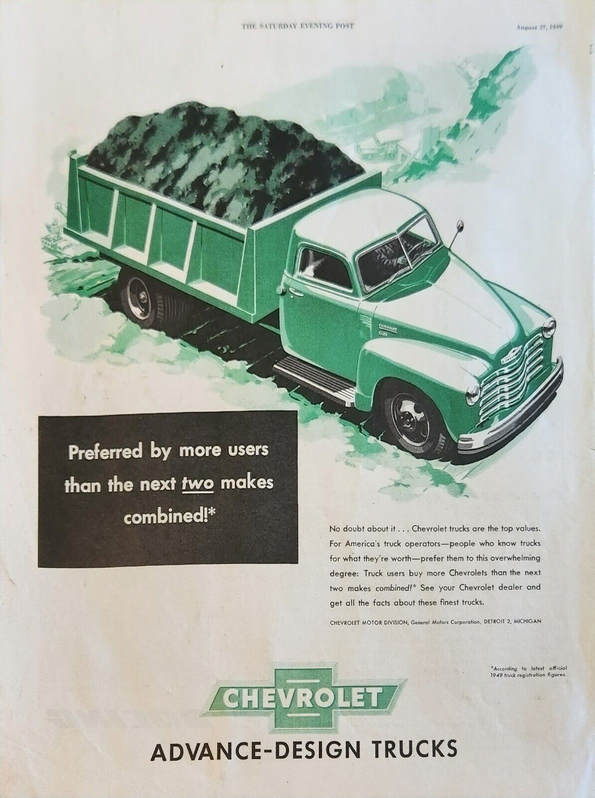 1949 Chevrolet Advance design trucks Vintage Ad Top value no doubt about it