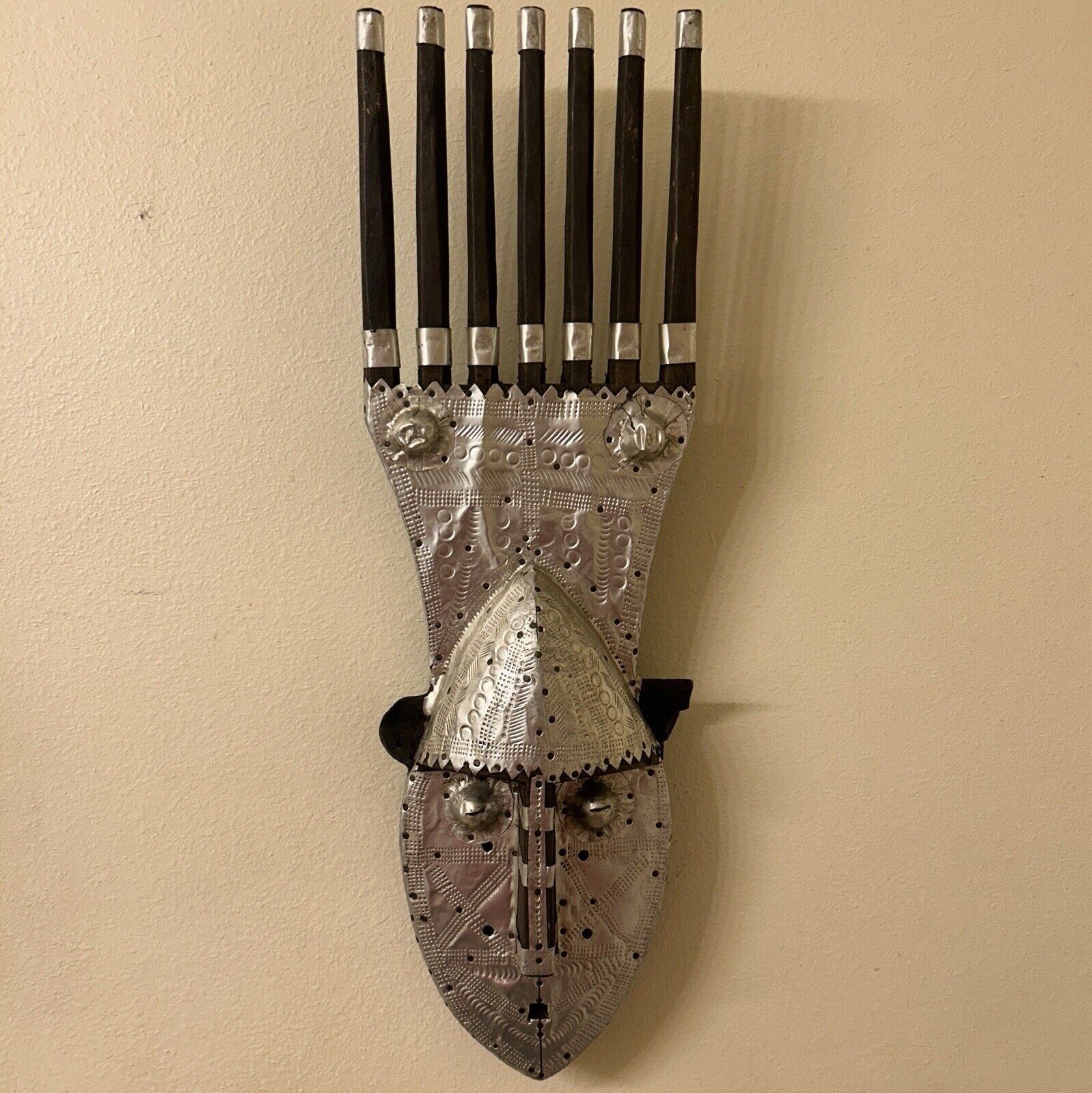 Antique African Bamana Ntomo Marka Mask w/ Aluminum 16” Tall Hand Carved Art