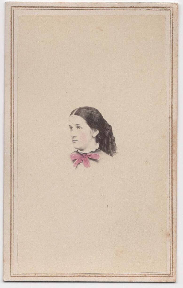 ANTIQUE CDV C. 1860s G.B. HALL GORGEOUS YOUNG LADY HAND-TINTED LITTLE FALLS NY