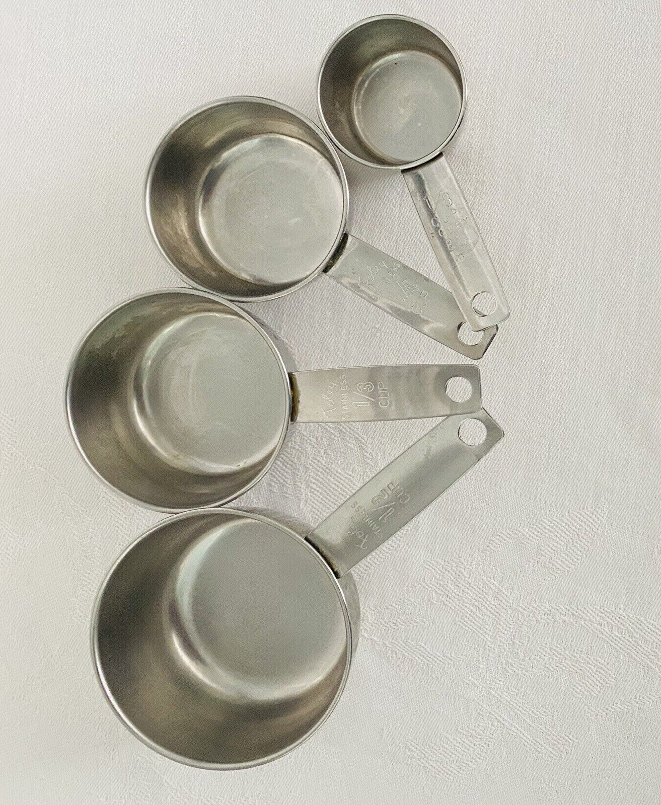 Vintage Foley Measuring Cups Script Stainless 1/8 1/4 1/3 1/2 Set Of 4 USA