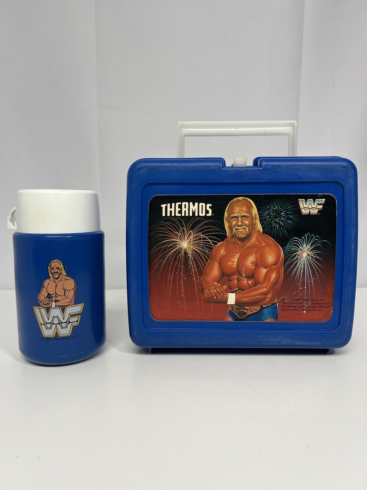 1987 Hulk Hogan WWF Thermos Lunch Box and Thermos Slight wear