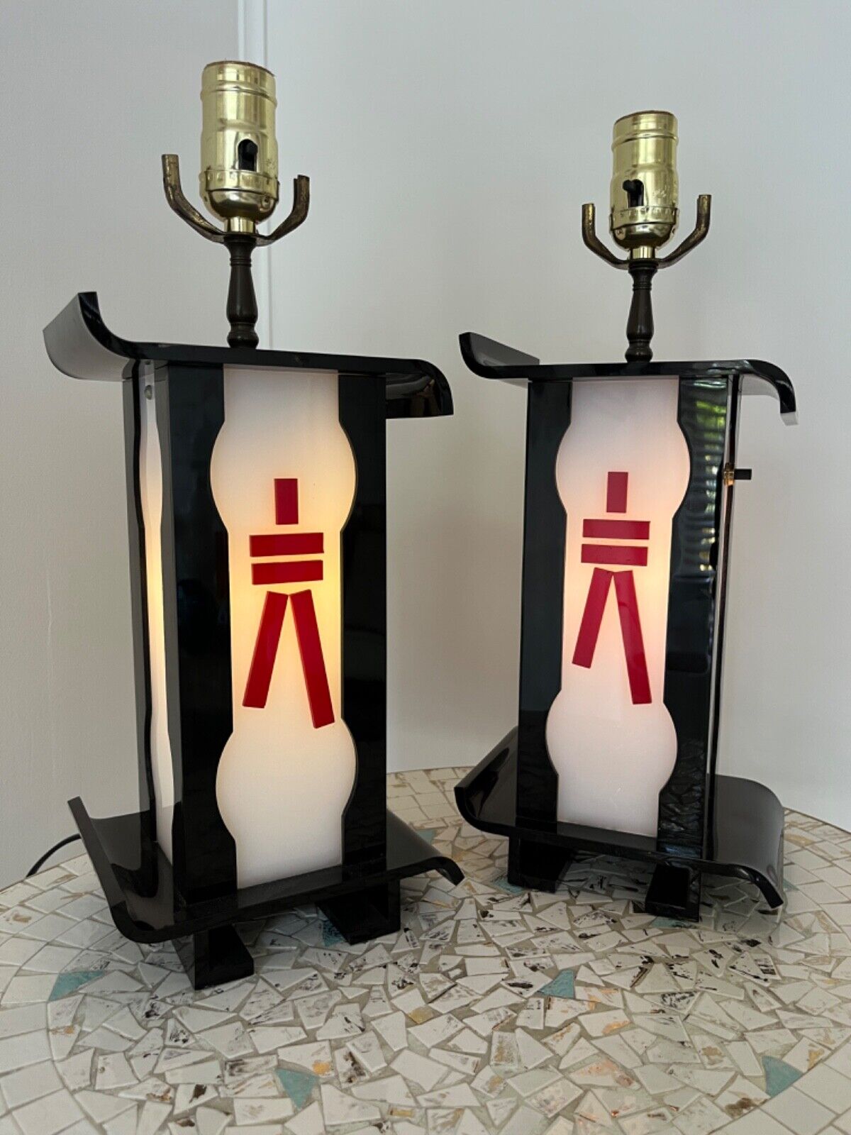 vintage MOSS LAMP pair with illuminated lucite bases 1950s Mid-Century Asian