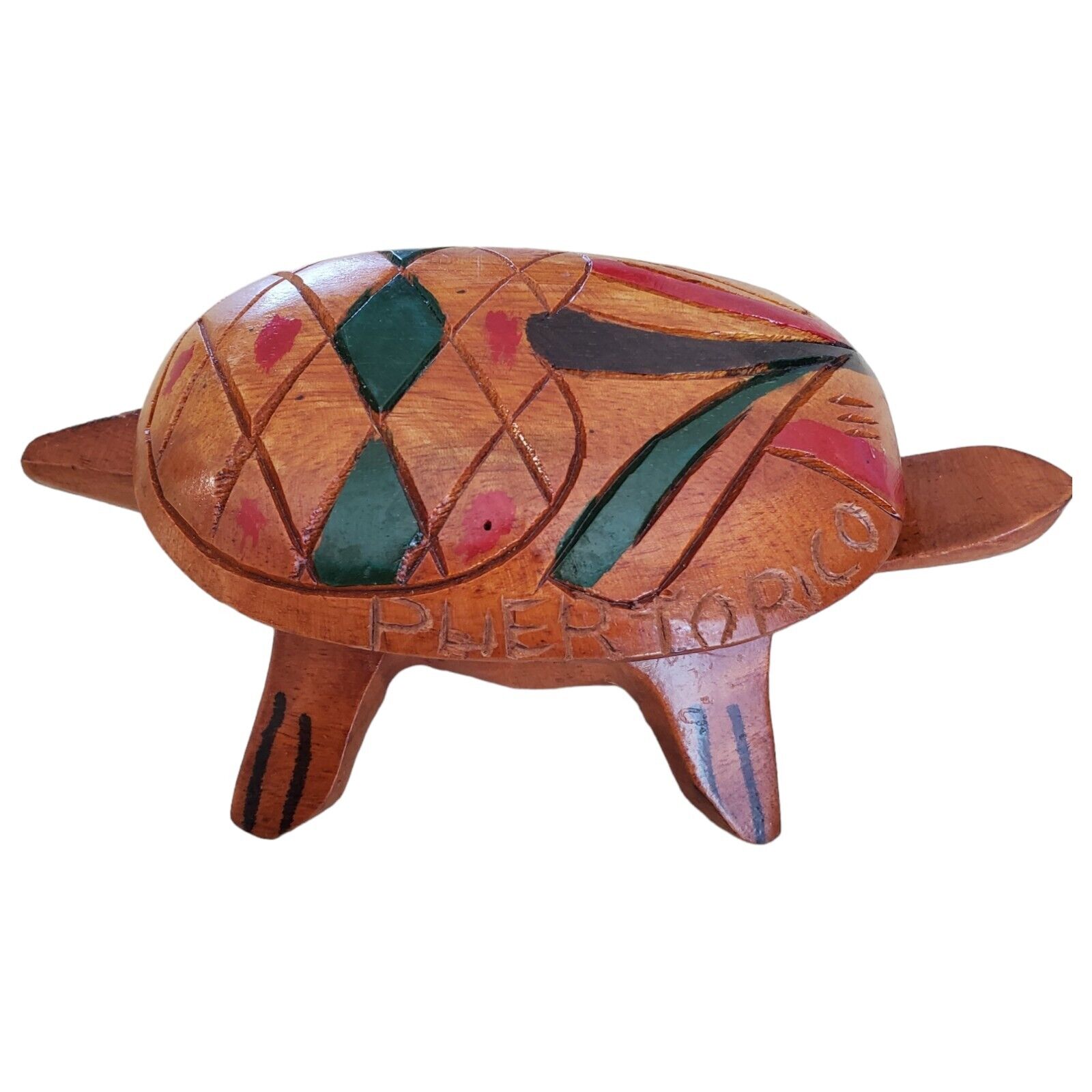VTG BOHO Puerto Rico Solid Wood Hand Carved Turtle Tortoise Jewelry Trinket Box