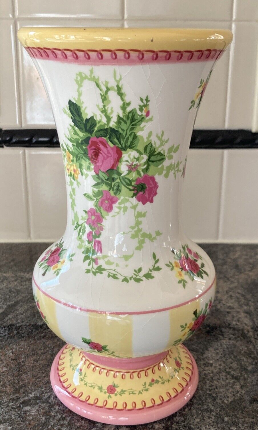 Laura Ashley Flower Vase Pink Yellow Roses FTD Ceramic Gorgeous Shabby Cottage