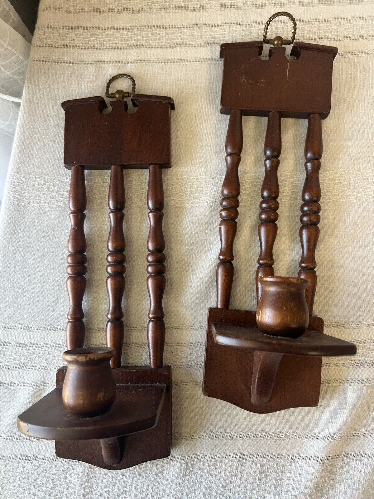 Unique MCM Wall Sconces Vintage Wooden Spindle Candle Holders Set of 2
