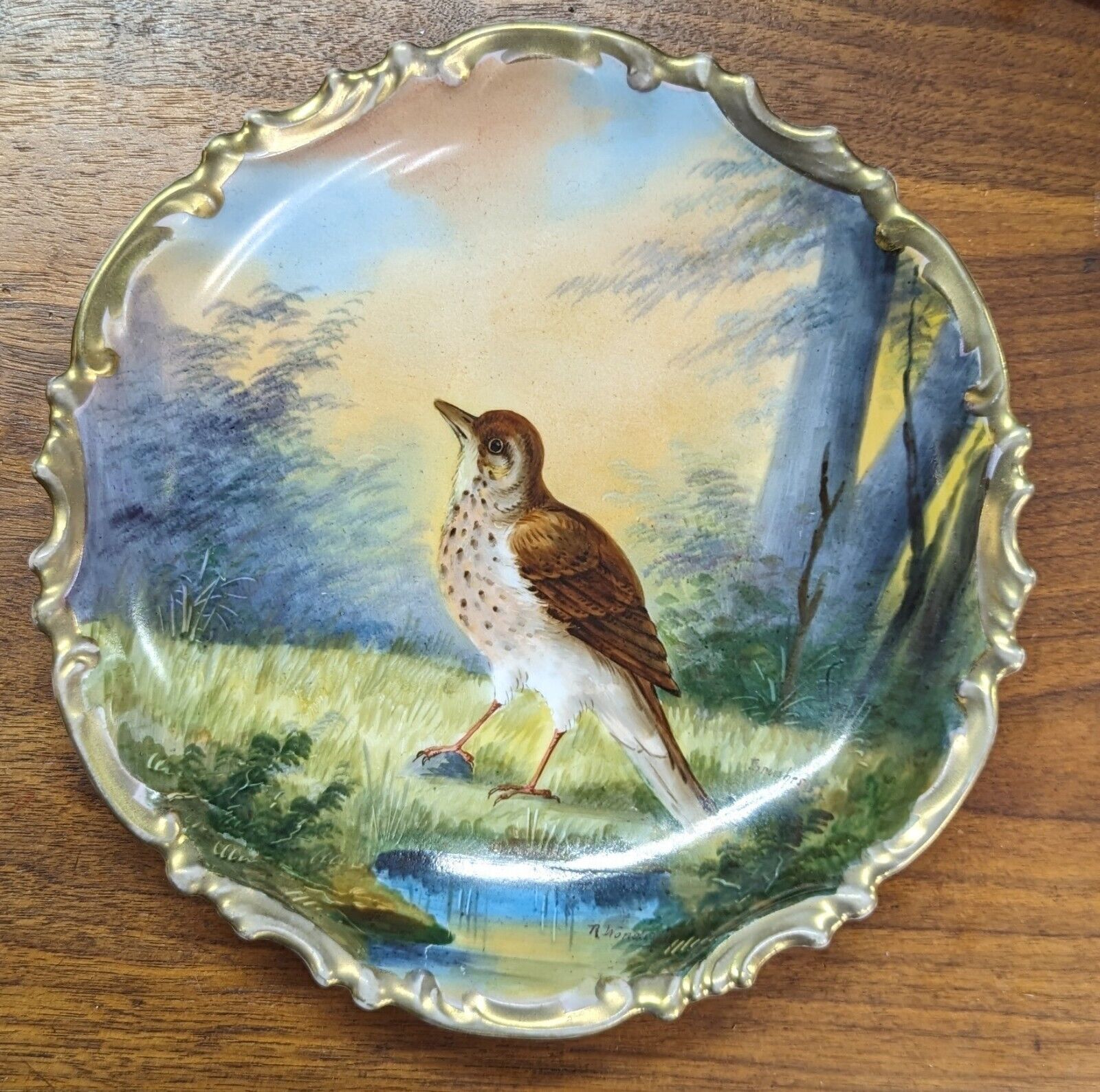 Antique L.S.&S.Austria Hand Painted Porcelain Thrushes Bird Plate Gold Trim-9.5