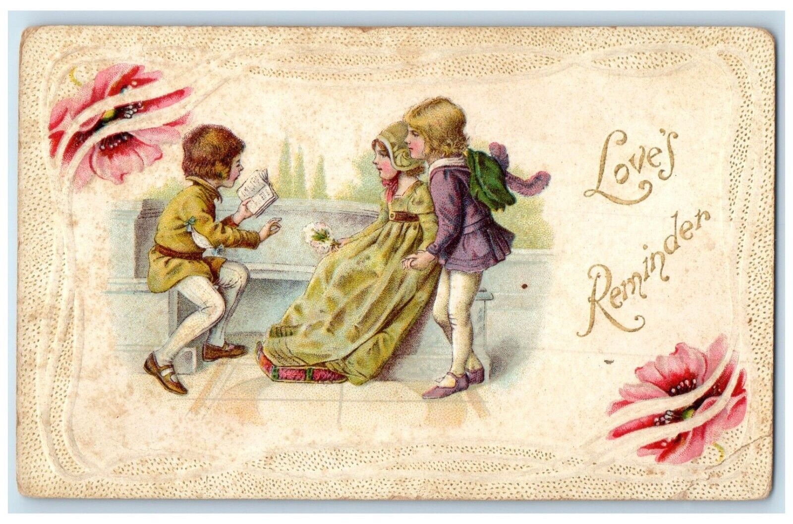 c1910\'s Valentine Love\'s Reminder Children Flowers Embossed Antique Postcard
