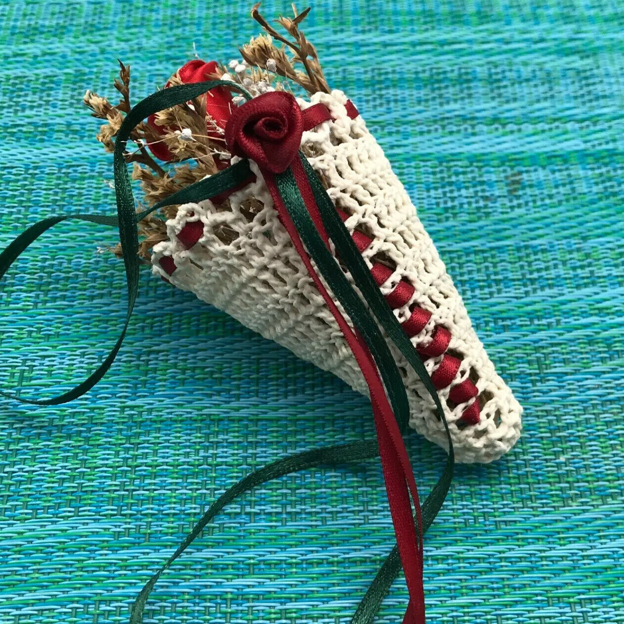 Hand Crochet Christmas Ornament Cone Shaped Vase Decor Straw Flowers