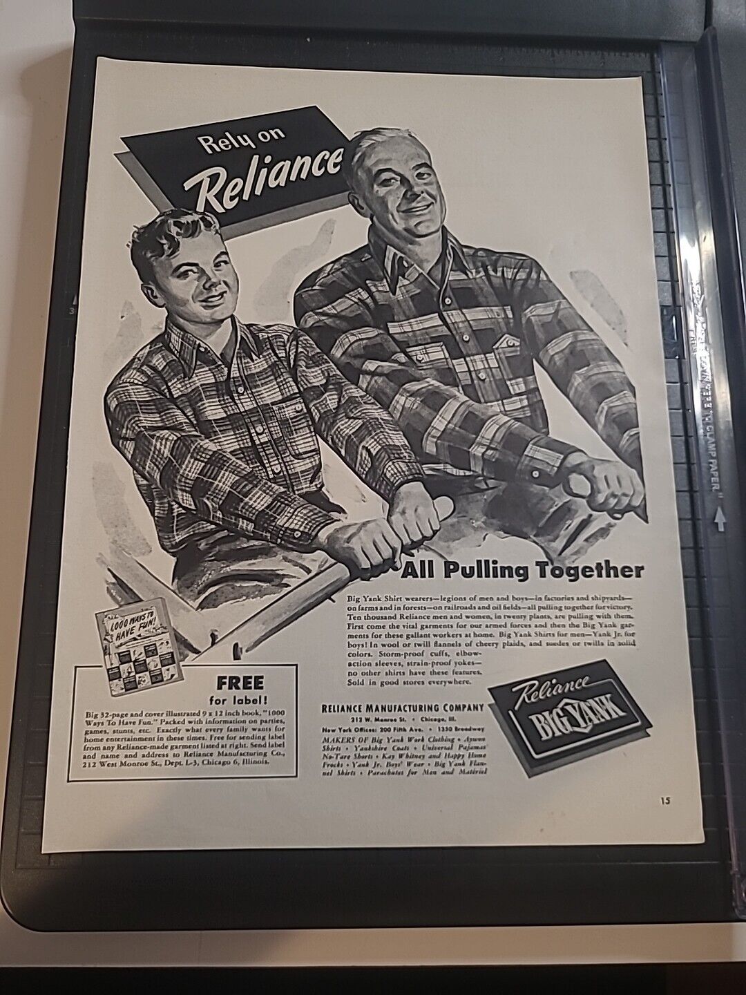 Reliance Manufacturing Company Big Yank Ww2 Vintage Print Ad 1943 10x14 Vintage 