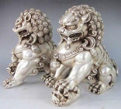 15.5cm Chinese Silver Bronze Fu Foo Dog Guardian lion Statue Pair
