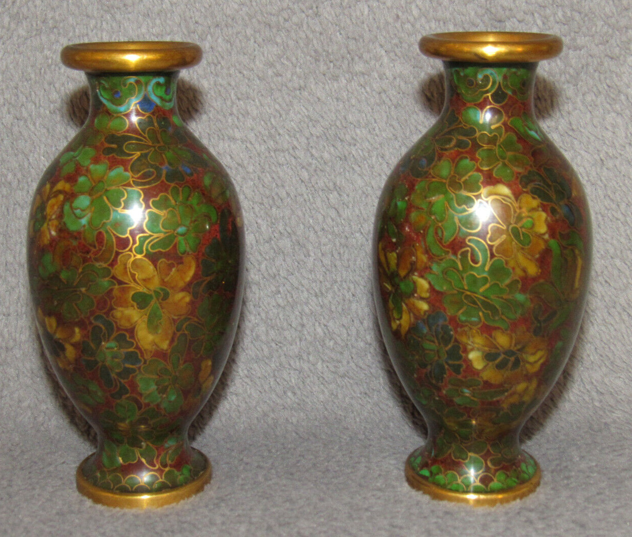 Pair Small Vintage Floral Design CLOISONNE Enamel on Brass Vases – 4” Tall