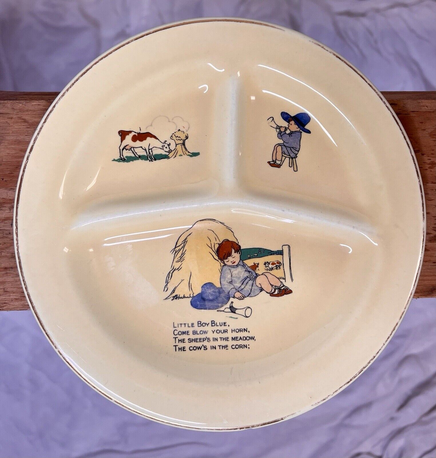 Vintage Ceramic Baby Plate Little Boy Blue Nursery Rhyme. Gold Trim