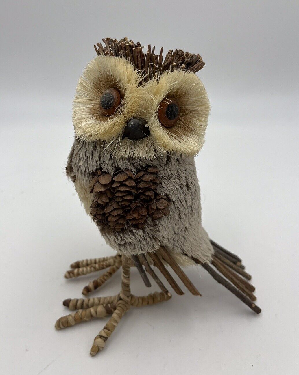 Rustic Wildlife 6”H Owl Figurine Pine Cones Twigs Straw Glass Eyes Faux Fur
