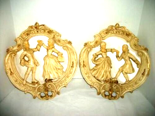 CREAMY FRENCH ROMANTIC COUPLE PLAQUES PLASTER CHALKWARE HP HOLLYWOOD REGENCY