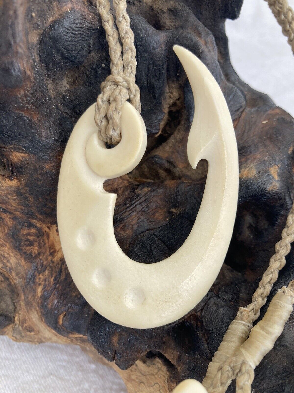 MAORI Fish Hook, Hand Carved Bone Necklace, Hawaiian, New Zealand Bovine Pendant