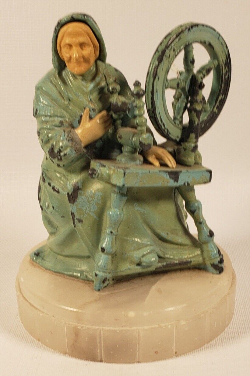 1930 J Ruhl Hirsch Statue Metal Woman Spinning Wheel Primitive 7\