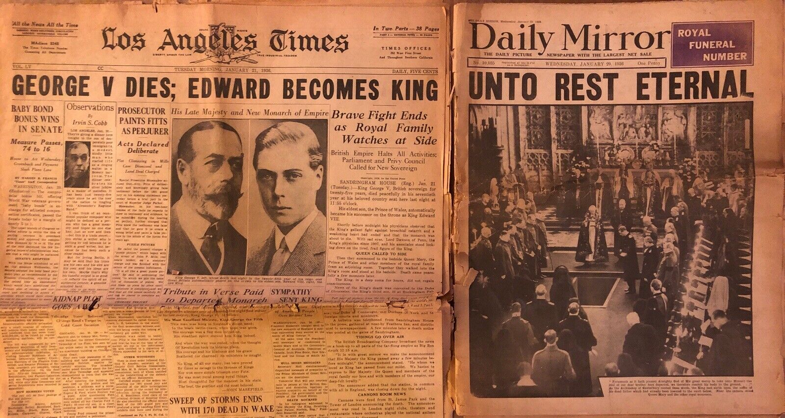 King George V Dies United Kingdom Daily Mirror LA Times 1936 Newspapers England