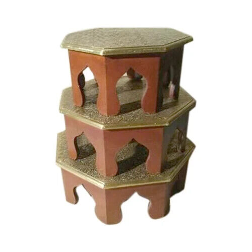 Decorative Wooden Pooja Chowki Wood Stool Brass Book Stand for Home
