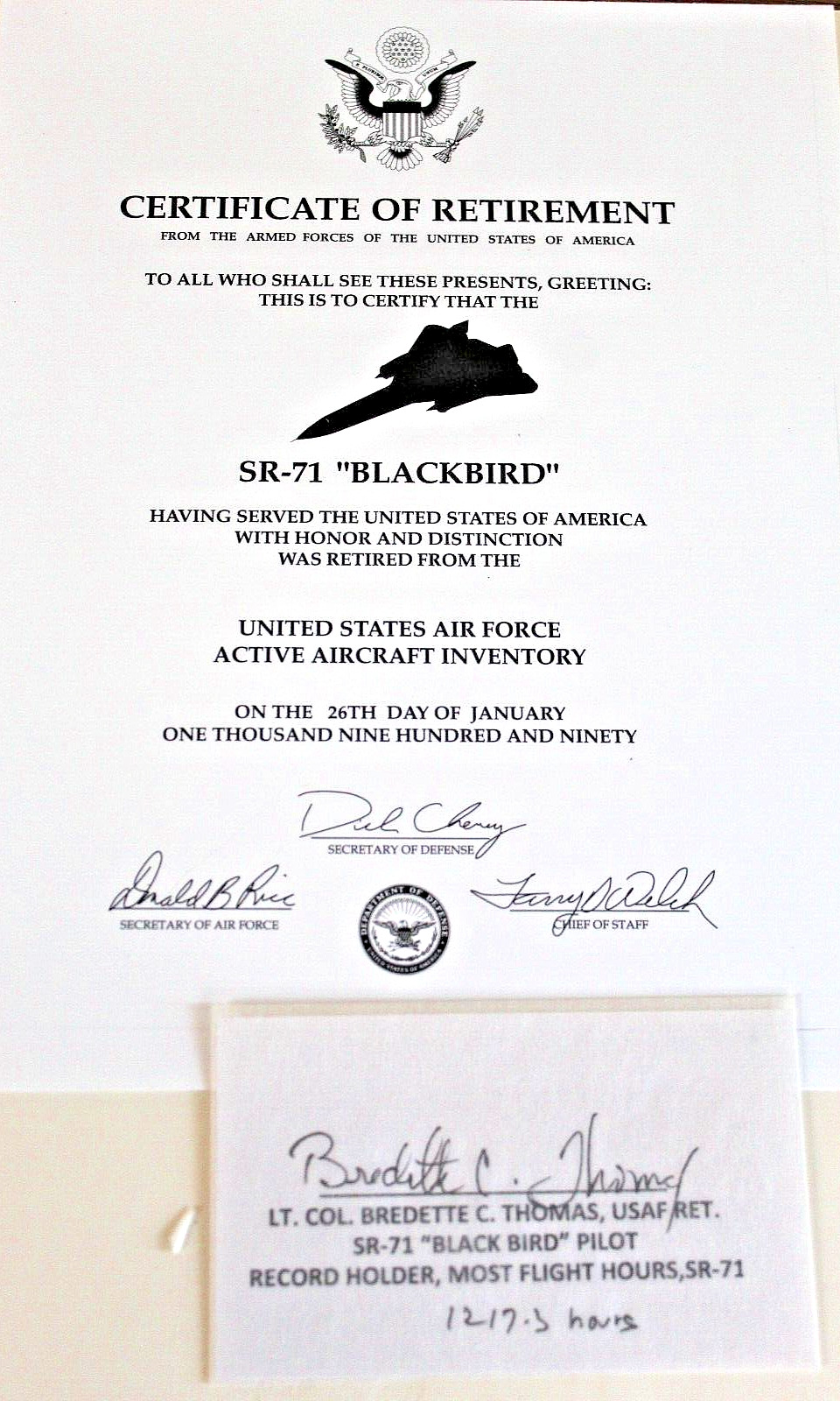 SR-71 BLACKBIRD RETIREMENT CERT.(COPY)+HAND SIGNED  WORLD HI TIME SR-71 BB PILOT