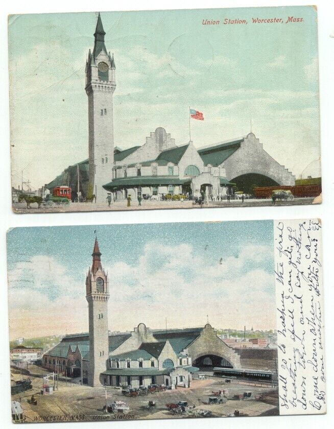 Worcester MA Union Train Station Railroad Lot of 2 Old Postcards Massachusetts