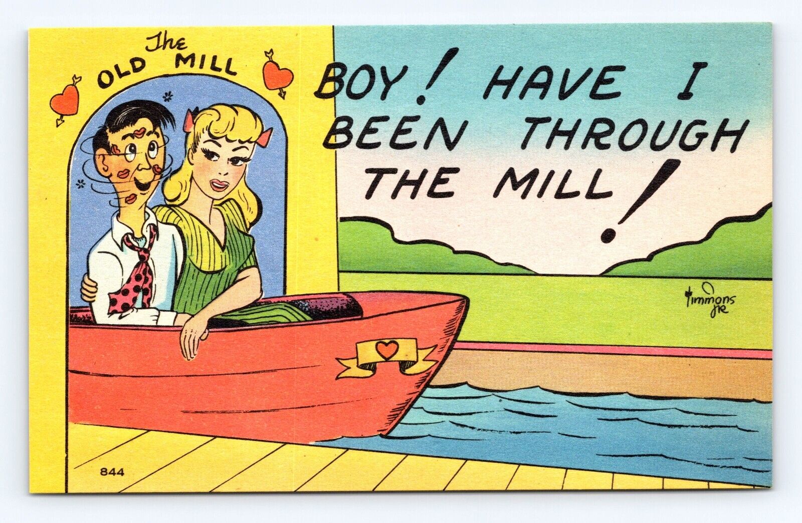 Postcard 1940s Humor Risqué Man Woman Kissing Boat Through the Old Mill Romance