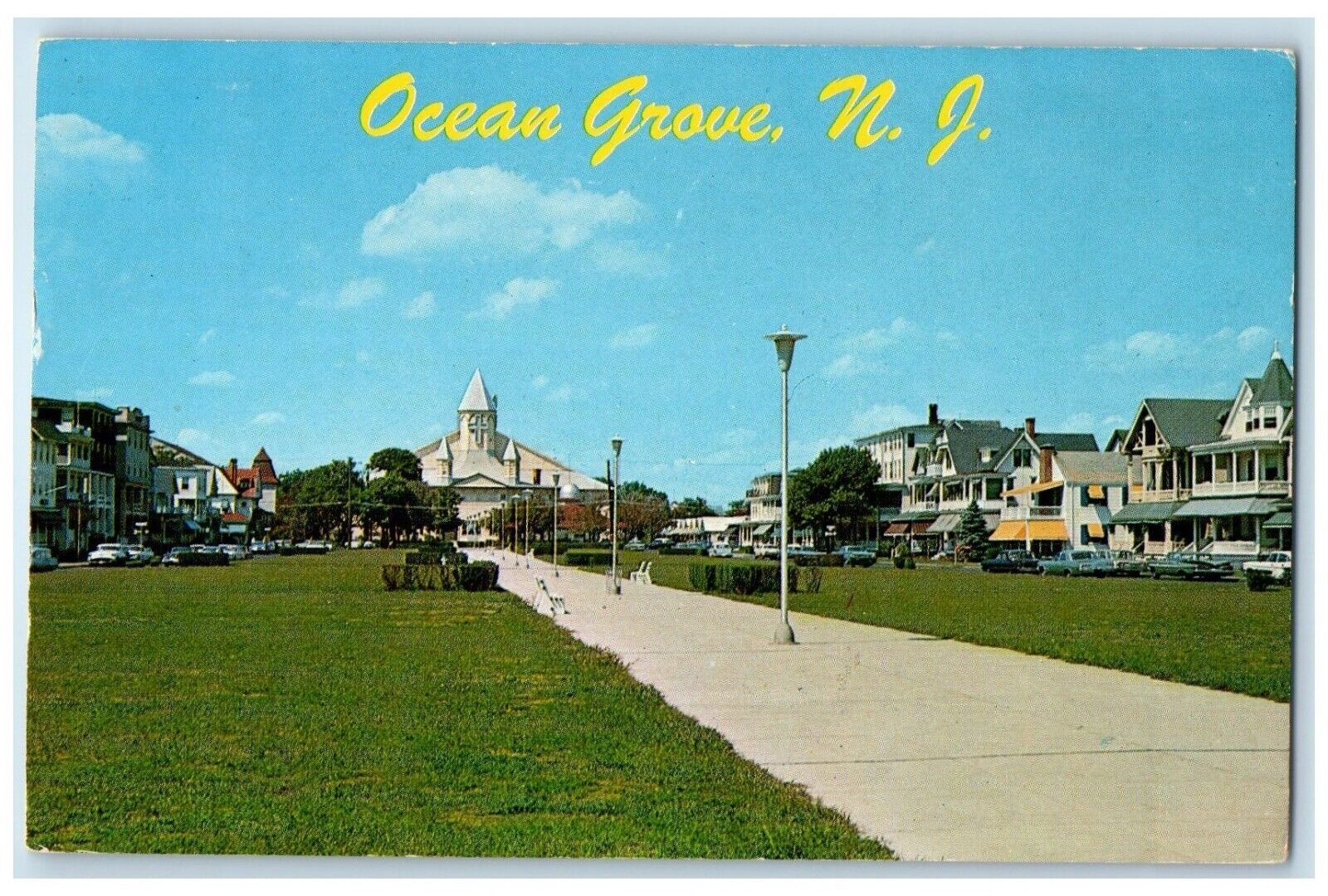 1968 Hotel Lined Pathway Atlantic Auditorium Ocean Grove New Jersey NJ Postcard