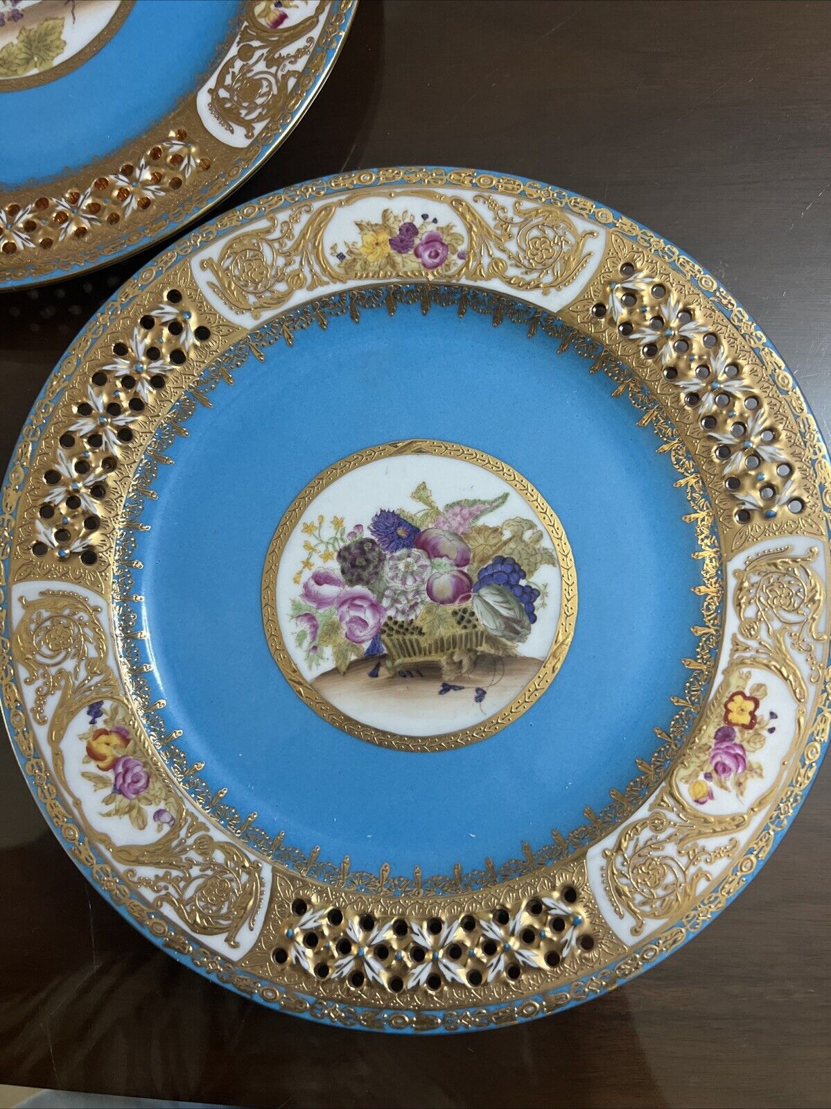 Antique Sevres Style Reticulated Floral Plates Minty Condition 10”Marked Limoges
