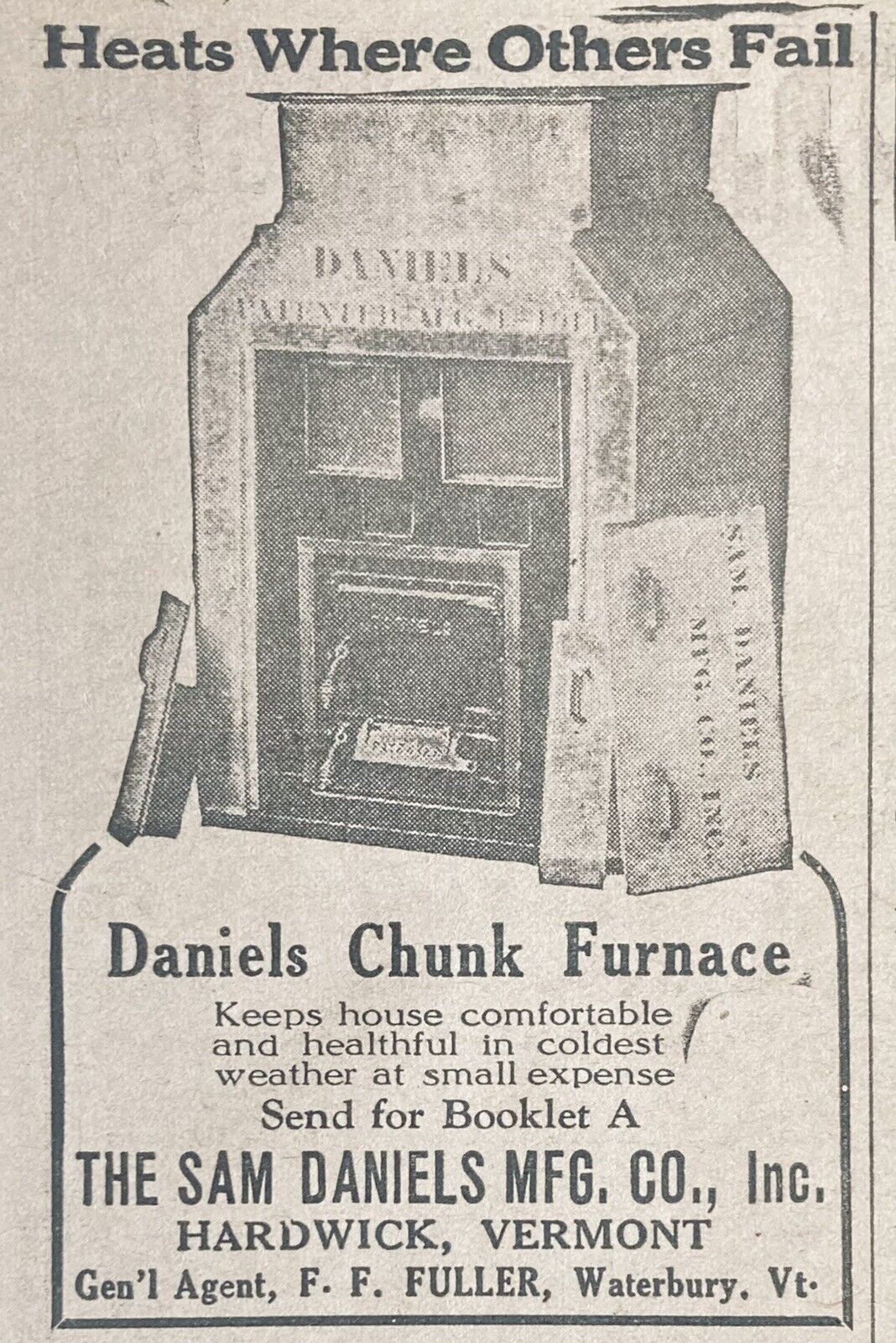 1929 AD.(XH40)~SAM DANIELS CO. HARDWICK, VERMONT. DANIELS CHUNK FURNACE