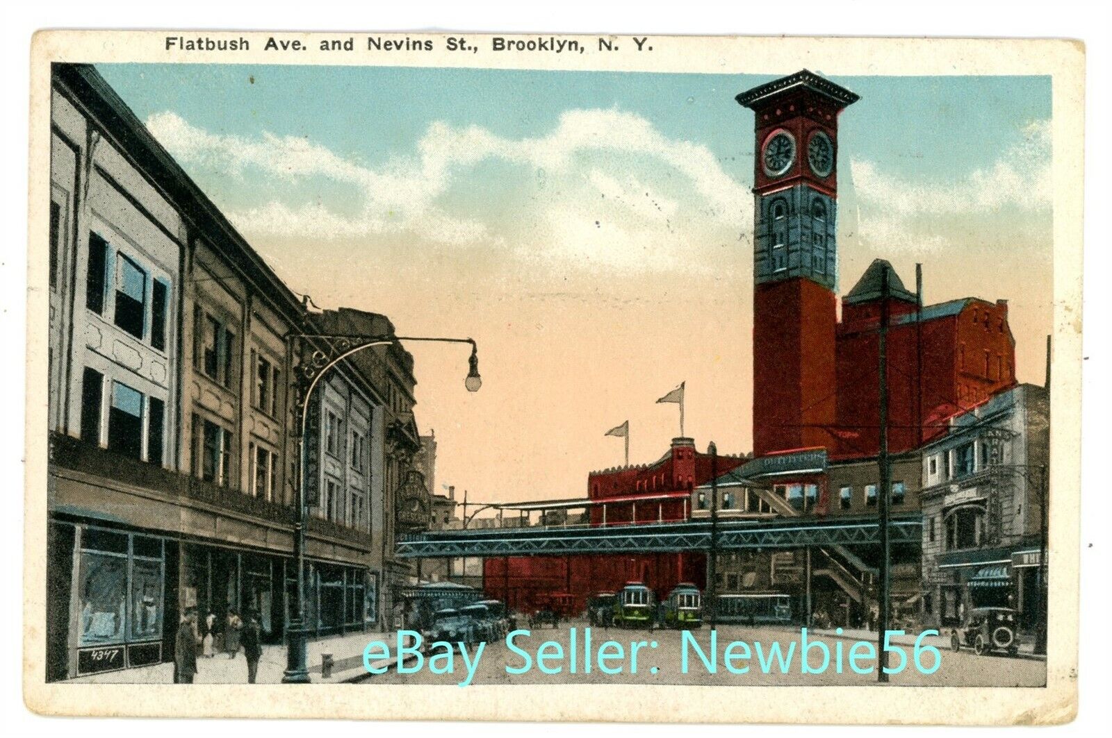 Brooklyn NYC NY -ELEVATED RAILROAD AT FLATBUSH AVENUE & NEVINS STREET- Postcard