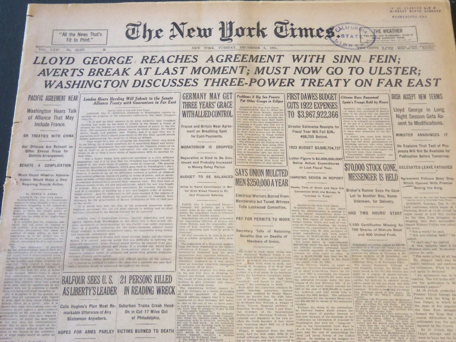 1921 DECEMBER 6 NEW YORK TIMES - LLOYD GEORGE REACHES WITH SINN FEIN - NT 6470