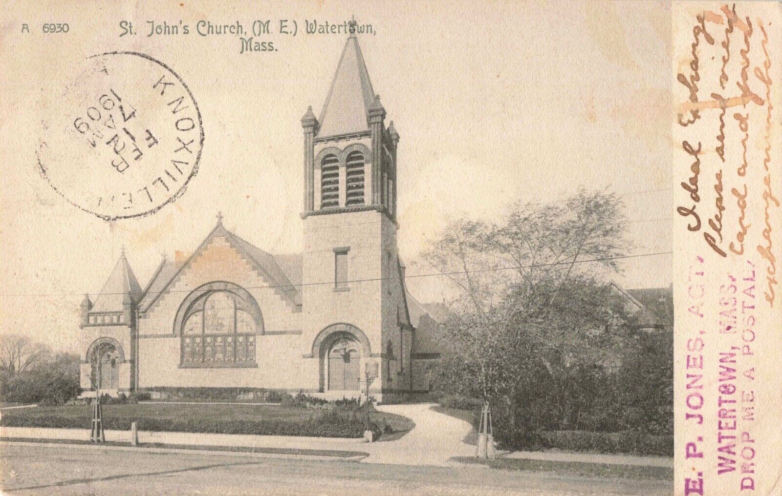 St. John\'s M.E. Church Watertown Massachusetts MA Rotograph Co. 1909 Postcard