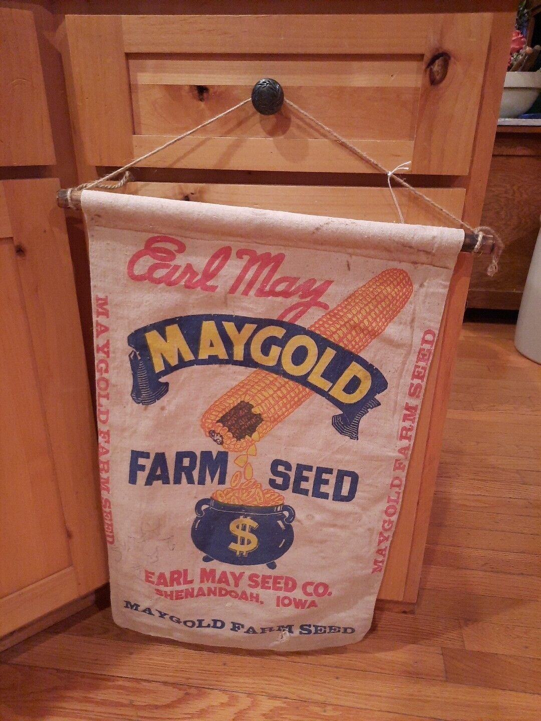 Vintage Earl May Maygold Cloth Seed Sack Bag Shenandoah Iowa Farm Adv W/hanger