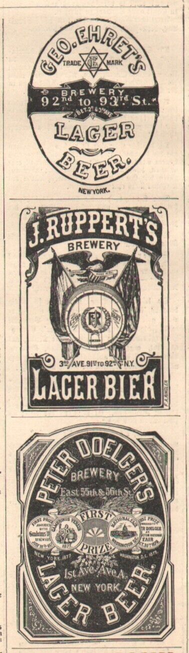 Lager Beer Set of 3 Antique 1885 Ads Geo. Ehret\'s J. Ruppert\'s Peter Doelger\'s