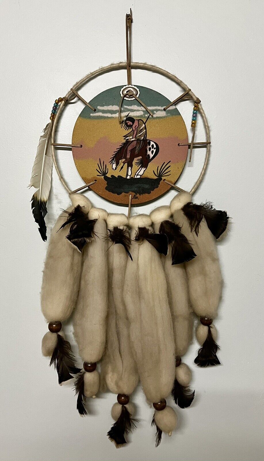 Vintage Native American Sand Painting Navajo Dream Catcher Fur Wool Feathers