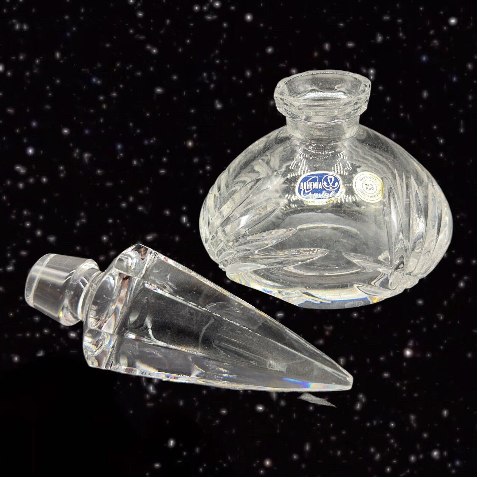 Czech Crystal Clear Glass Perfume Bottle Clear Bohemian Glass Hand Cut 6.5”T