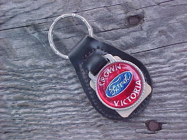 FORD CROWN VICTORIA BLUE OVAL GRAIN LEATHER KEY FOB VINTAGE NOS SCARCE USA MADE