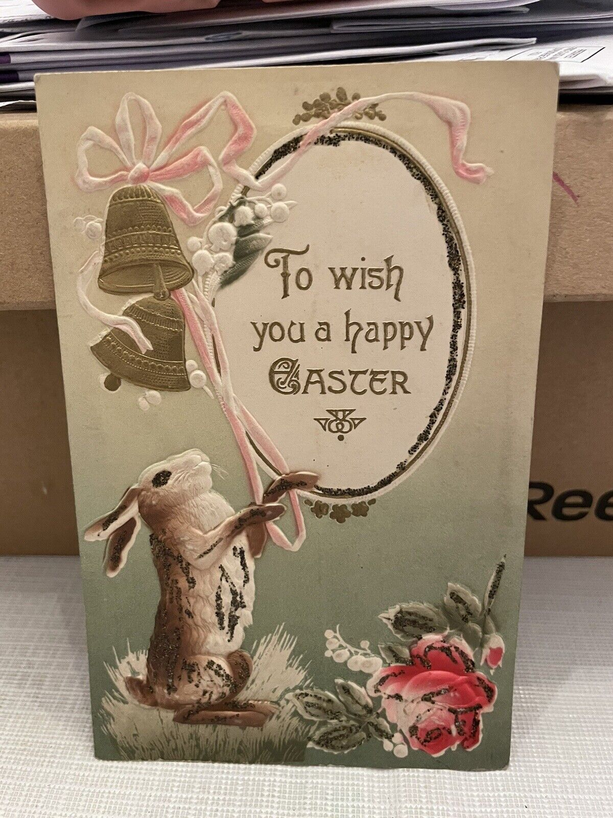 Vtg Postcard Embossed Glitter To Wish You A Happy Easter Brown Rabbit 1912