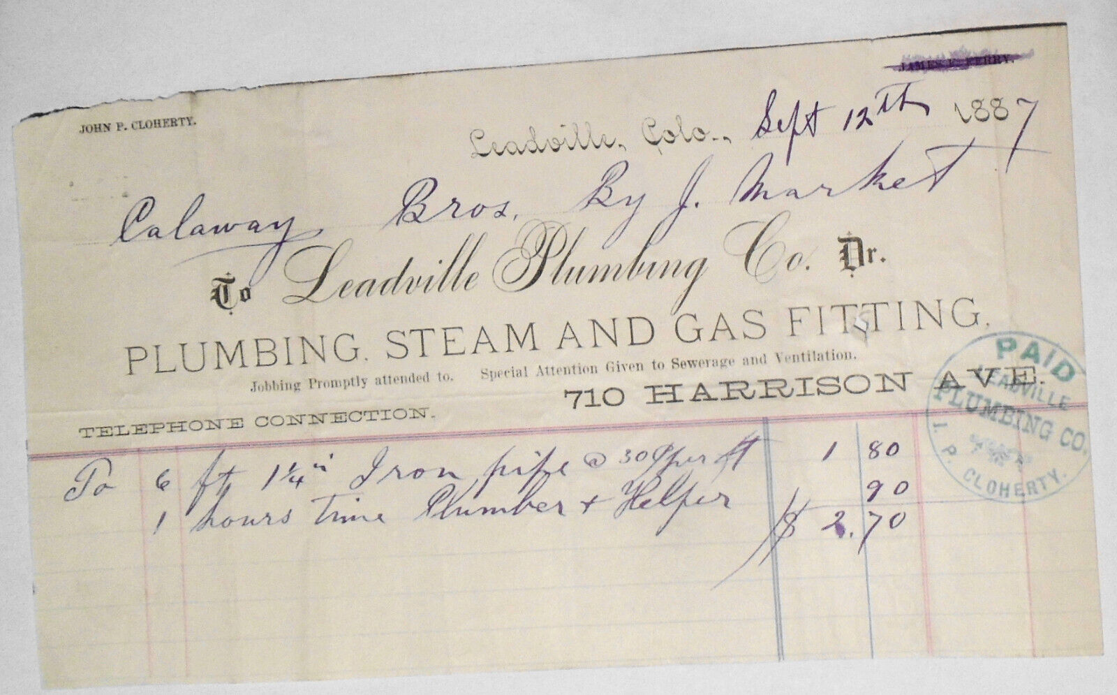 1887 Billhead receipt, Leadville Plumbing Co., Colorado - Iron pipe & help