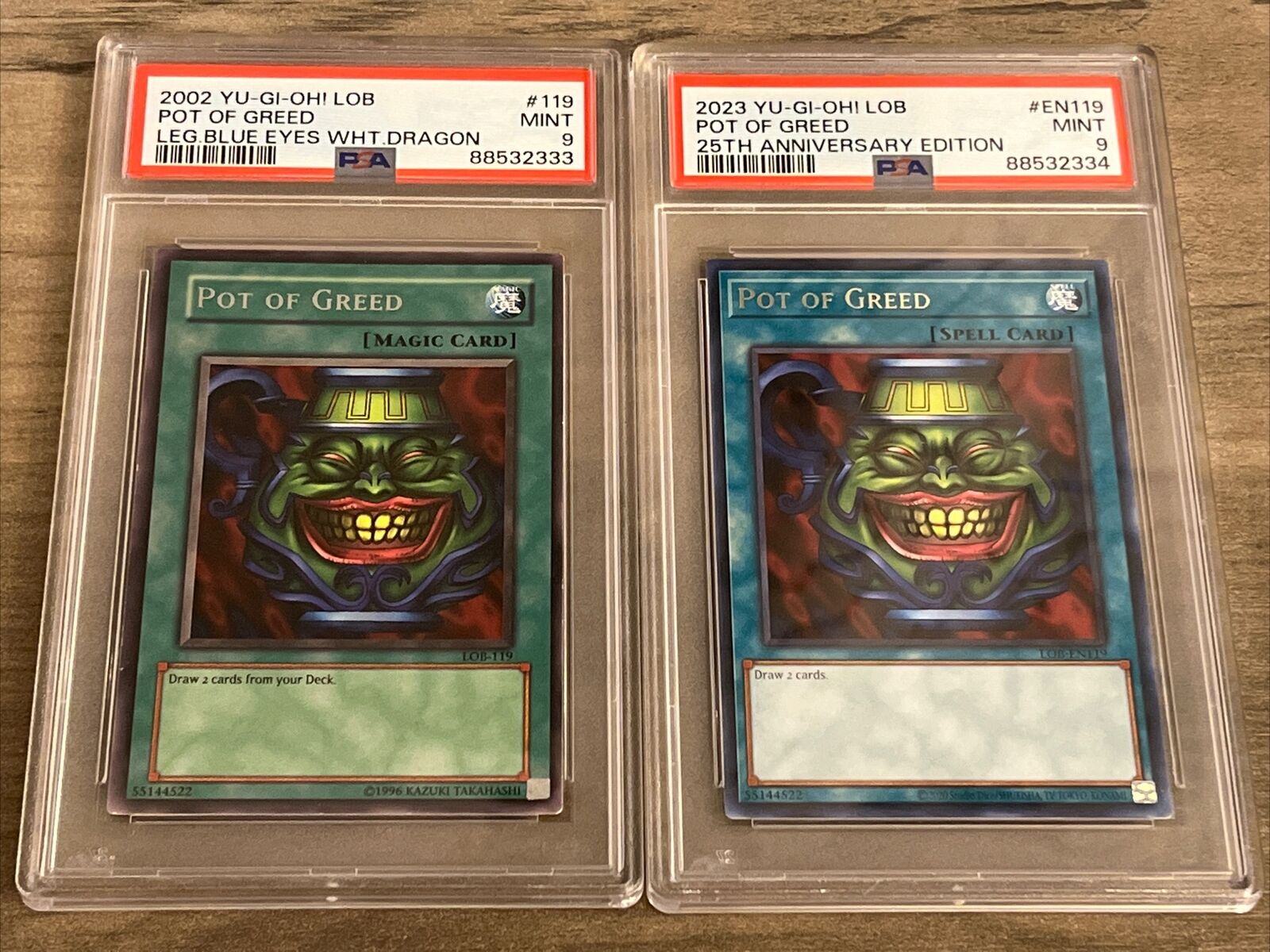 Yugioh Pot Of Greed LOB-119 & EN119 PSA 9 Lot of 2 Sequential Serial Numbered