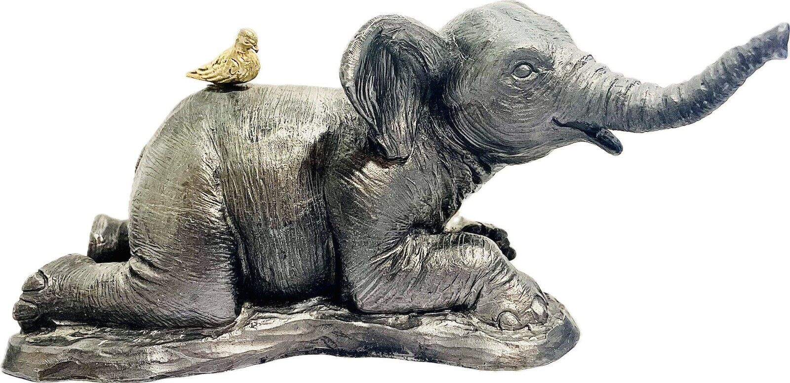 Vintage 1994 Michael Ricker Pewter Elephant W/ Gold Bird Statue Signed #932/1150