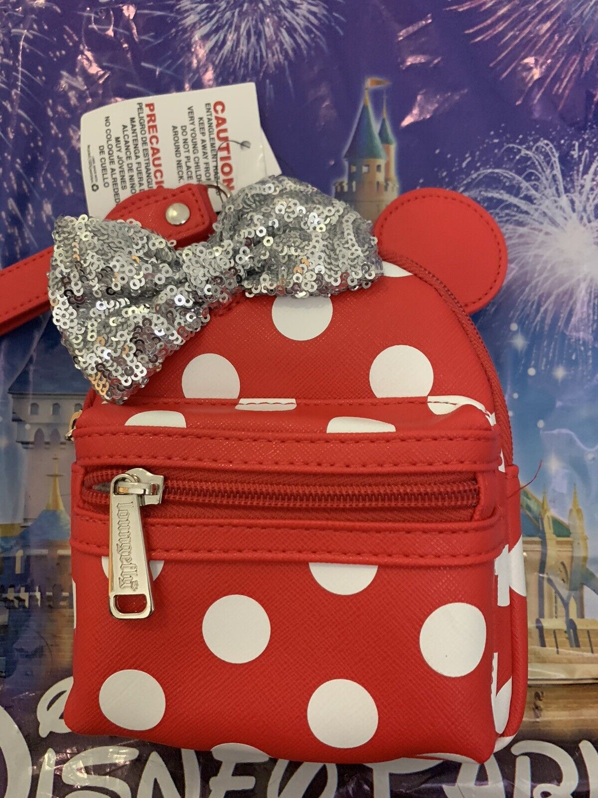 Disney Parks Loungefly MINNIE MOUSE POLKA DOT Mini Backpack Wristlet SILVER BOW