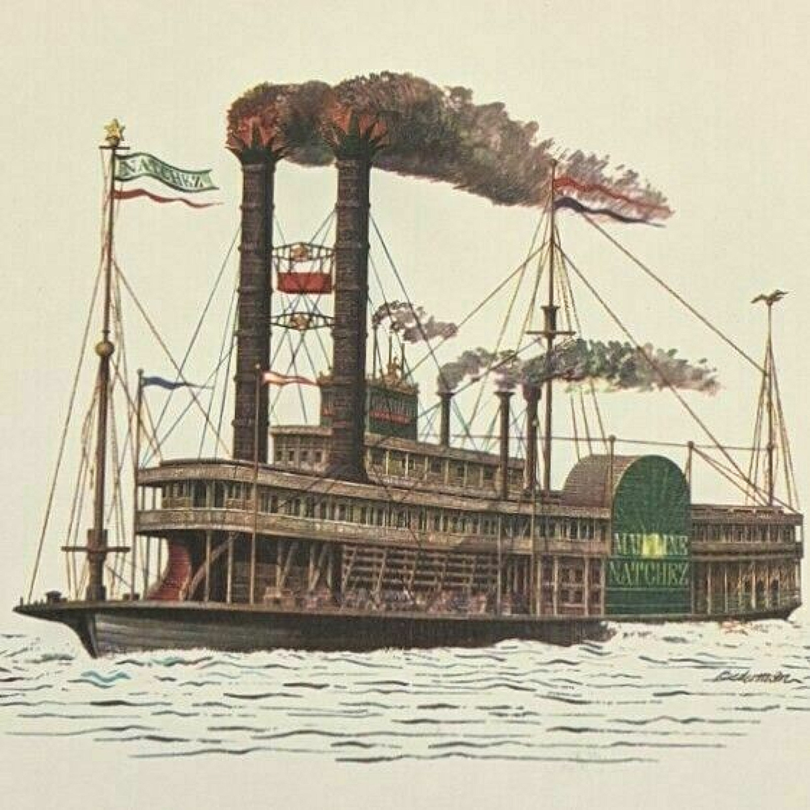 The Natchez Steamboat Lithograph Art Print Vintage Paddle Ship Nautical River
