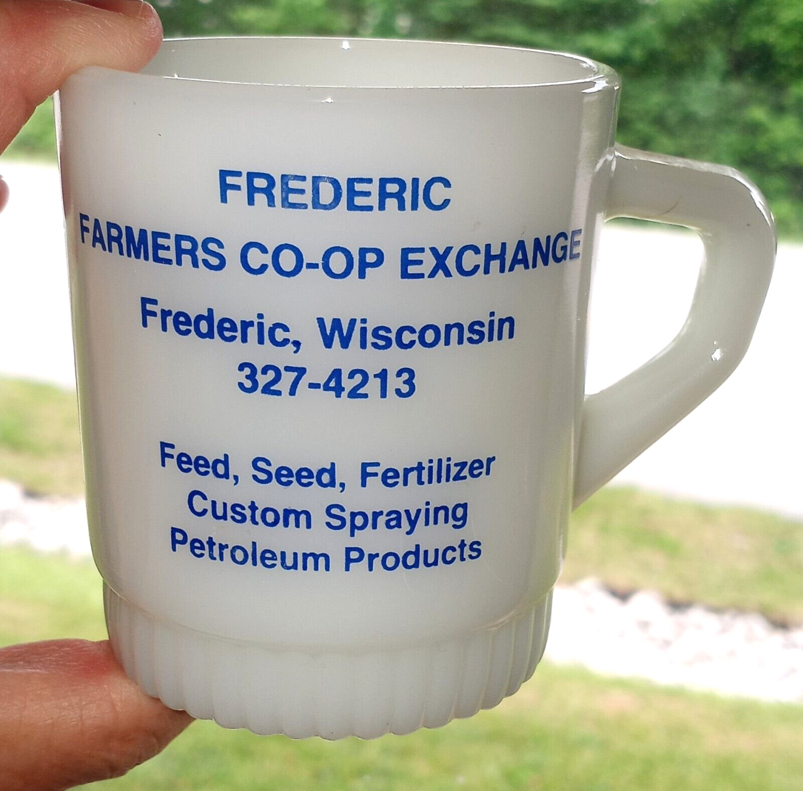Vintage Frederic Farmers Co-Op Exchange Wisconsin Fire King Coffee Mug