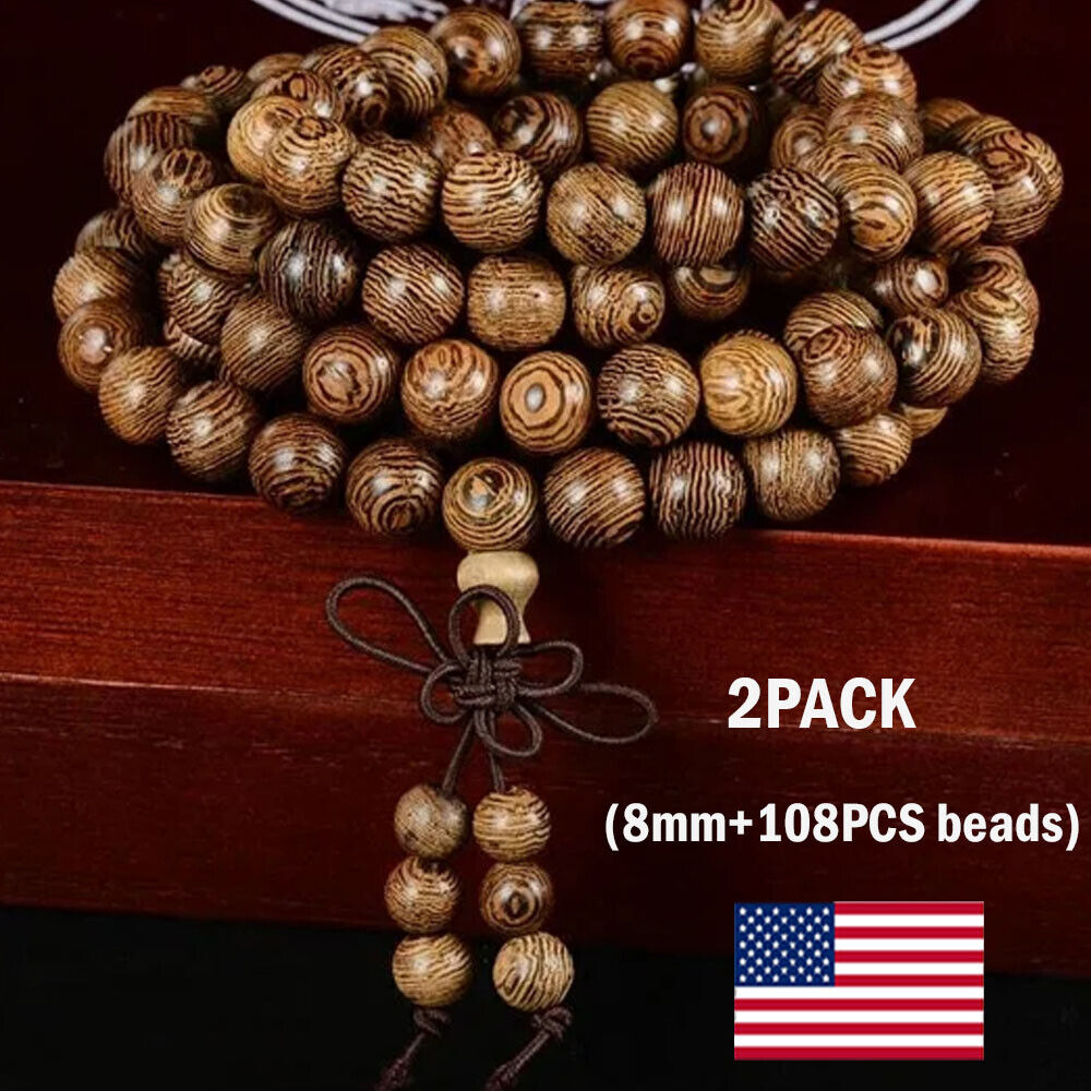 2pcs 8mm 108*Beads Mala Prayer Beads Natural wood Buddhist Bracelet Necklace