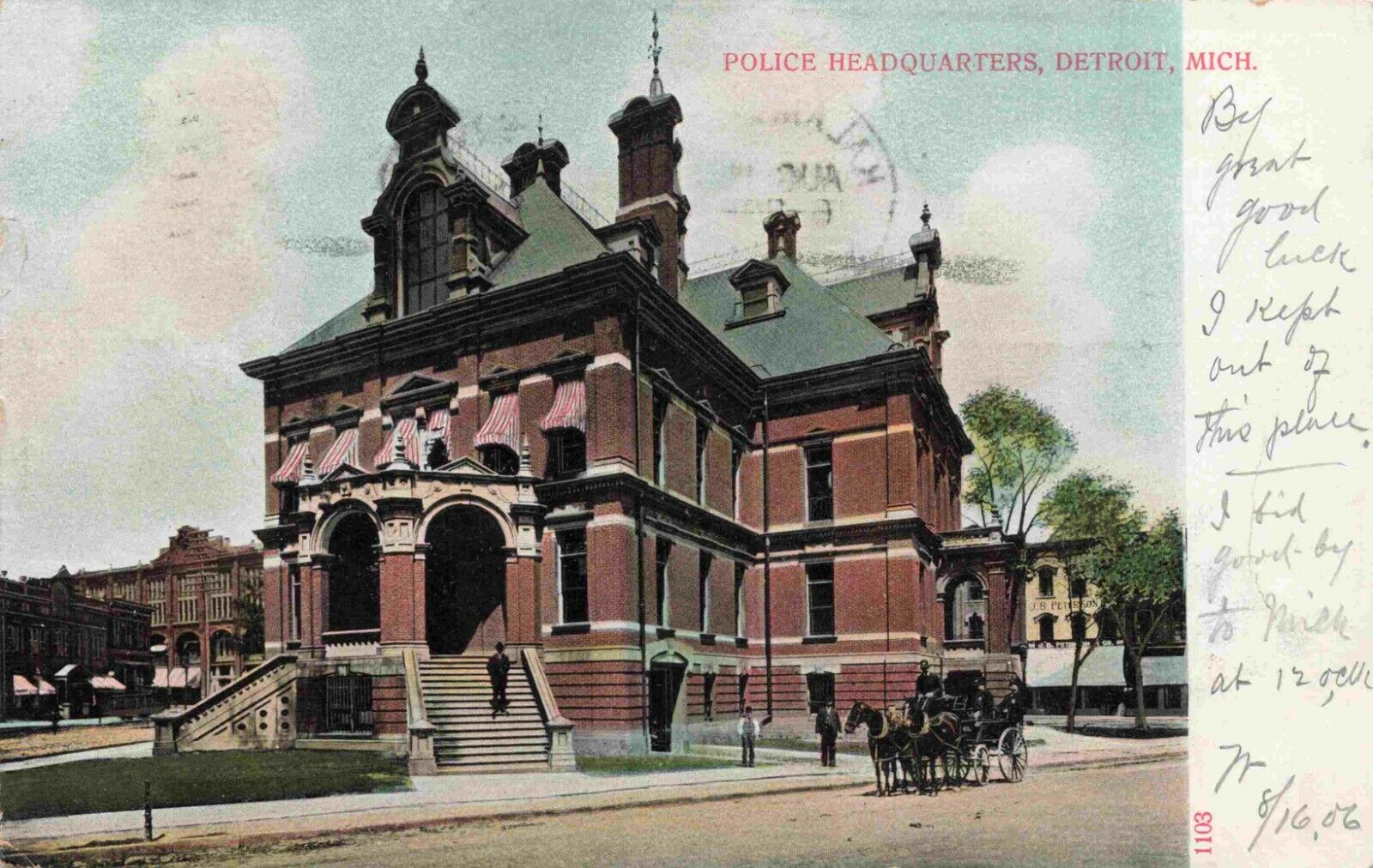 Police Headquarters Station Detroit Michigan Horse & Wagon 1906 MI  Postcard