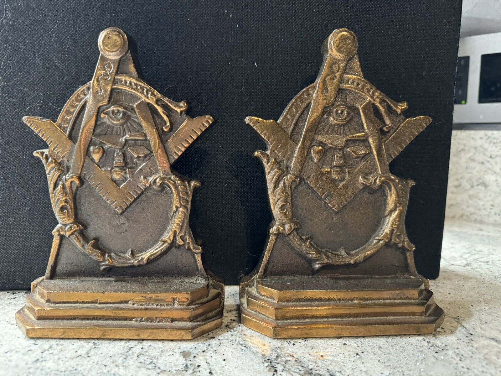 Rare Vintage Bronze Masonic Bookends