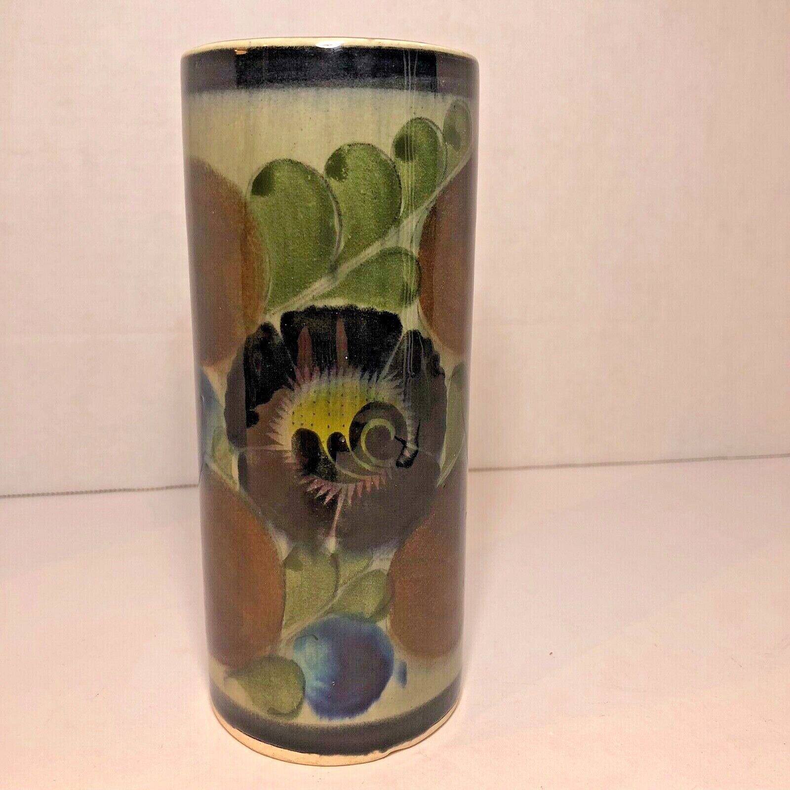 Cylinder Vase Vintage Tonala Mexican Art Pottery Signed Mexico Deep Jewel Colors