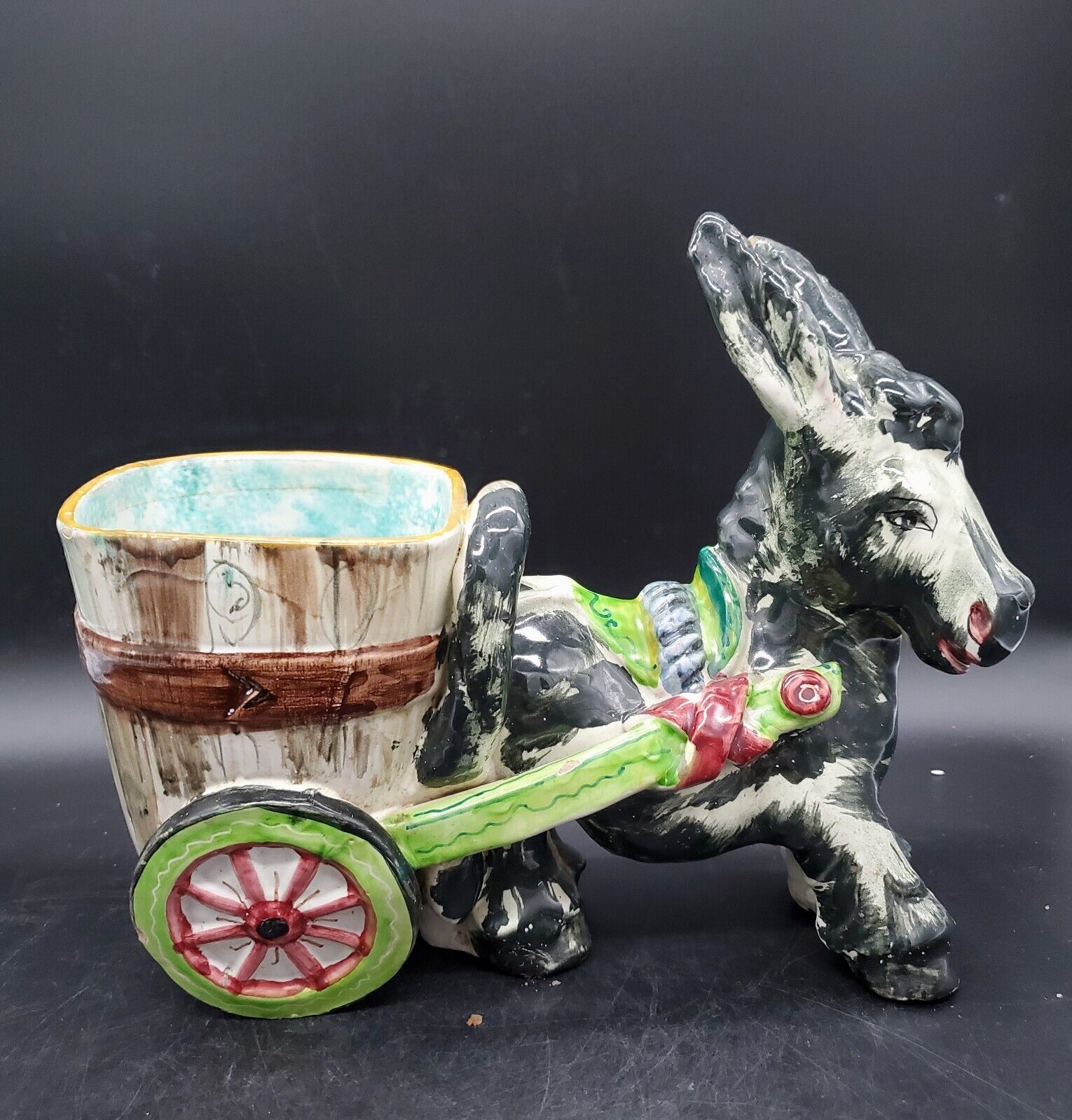 Vintage Handmade Italian Pottery Donkey Pulling Cart Hand Painted Planter 12\