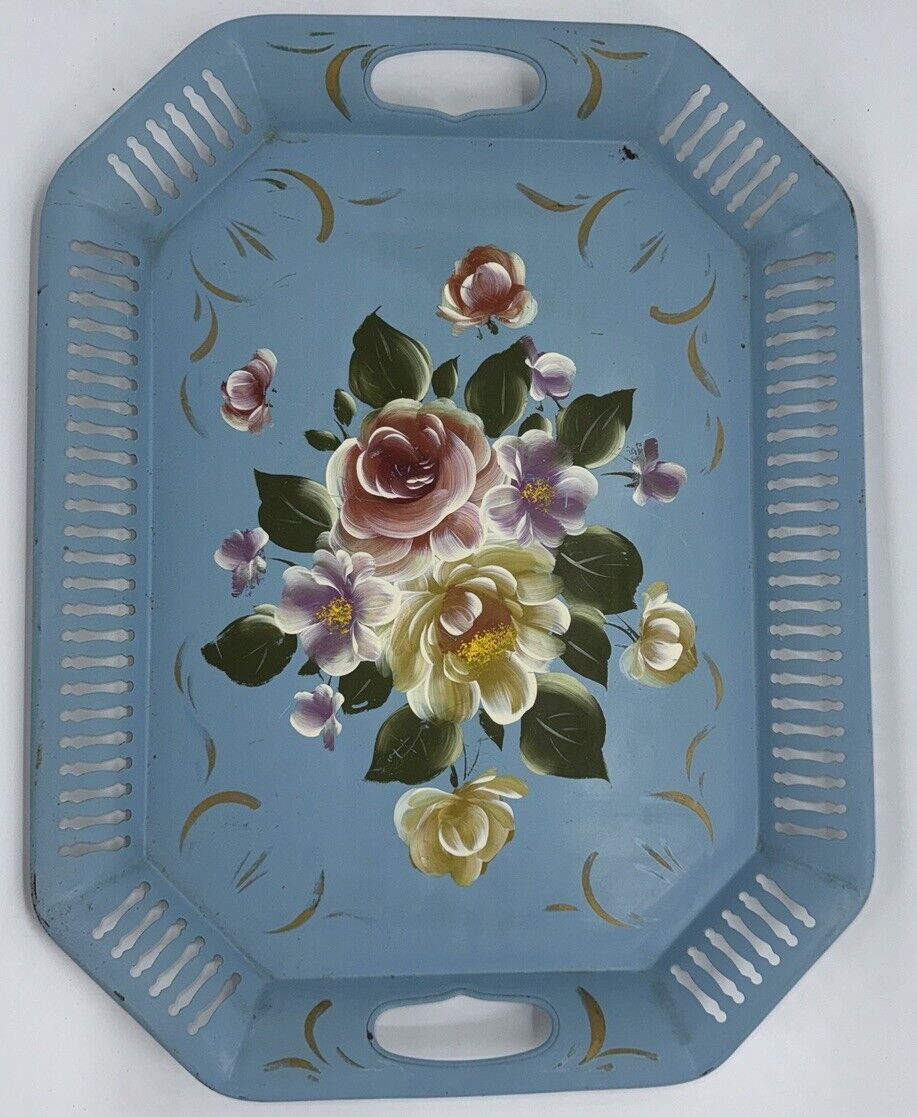 Vintage Serving Tray Hand Painted Toleware Teal Floral 17.5”x 13.5” Shabby Chic